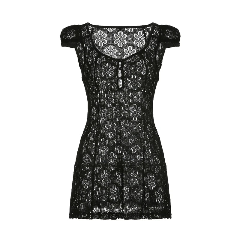 Sheer Lace Mini Dress With V Neck Short Sleeves Hollow Details