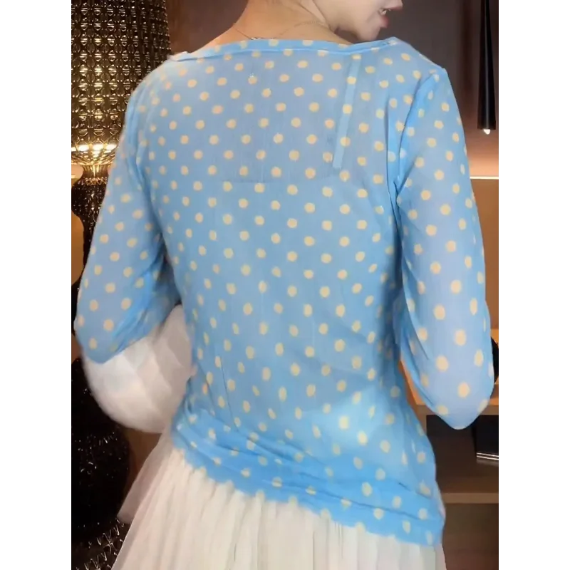 Breezy Ocean Blue Polka Dot Sheer Blouse With Long Sleeves And Boat Neck