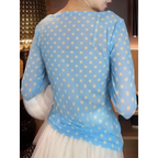 Breezy Ocean Blue Polka Dot Sheer Blouse With Long Sleeves And Boat Neck