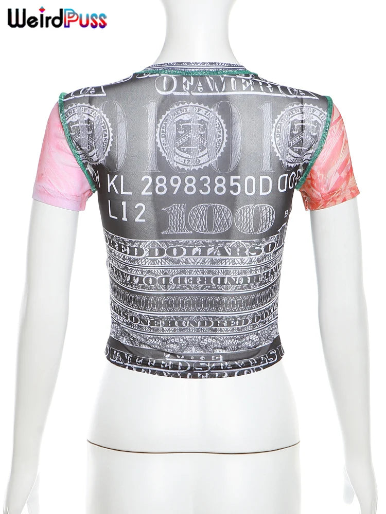 See Through Patchwork Crop Top With Numeral Print Short Sleeves