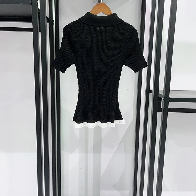 French Hem Lace Stitching Twist Knit Sweater With Turn Down Collar Slim Short Sleeve Top