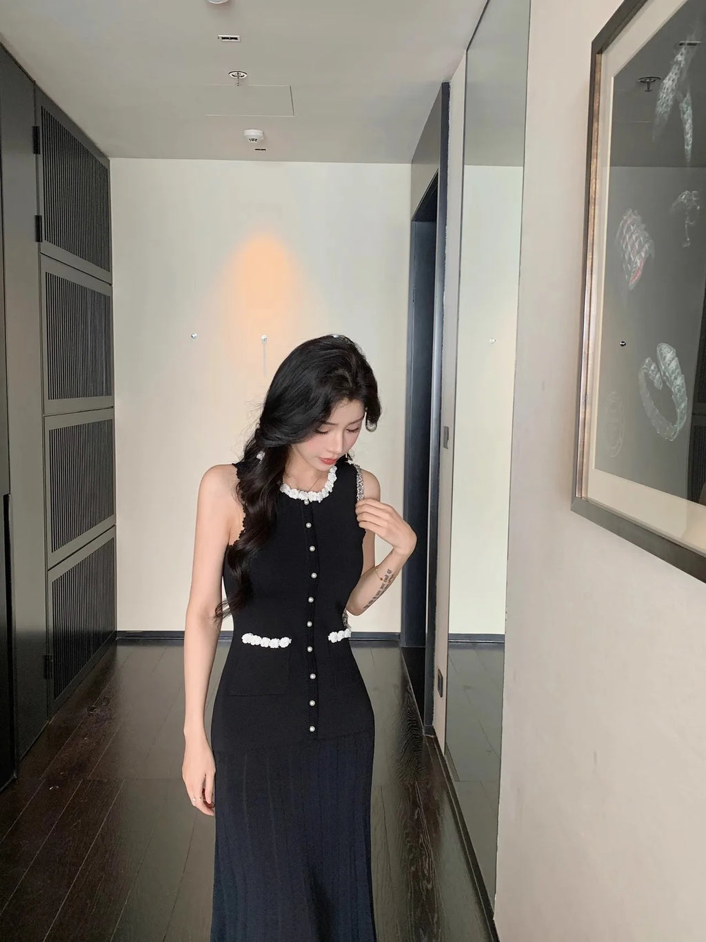 Floral Pearl Knit Maxi Dress Sleeveless O-Neck With Pleated Details