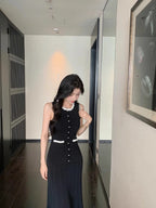 Floral Pearl Knit Maxi Dress Sleeveless O-Neck With Pleated Details