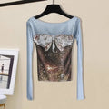 Dreamy Sky Blue Gradient Butterfly One Shoulder Knit Top With Long Net Yarn Sleeves