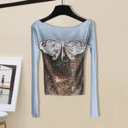 Dreamy Sky Blue Gradient Butterfly One Shoulder Knit Top With Long Net Yarn Sleeves