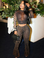 See Through two piece Set With Full Sleeve Crop Top And Skinny Pants