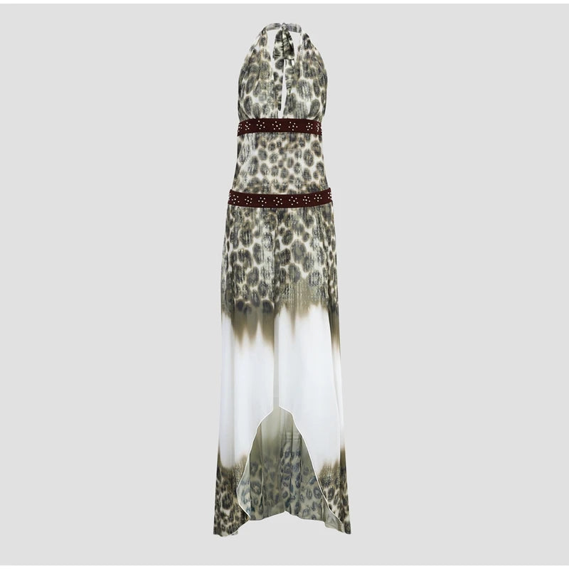 Leopard Print Halter Mini Dress With V Neck Backless Silhouette Sleek Bodycon