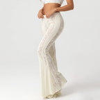 White Lace Sheer Flare Pants For Women Boho Style Elegant Casual Wide Leg Trousers