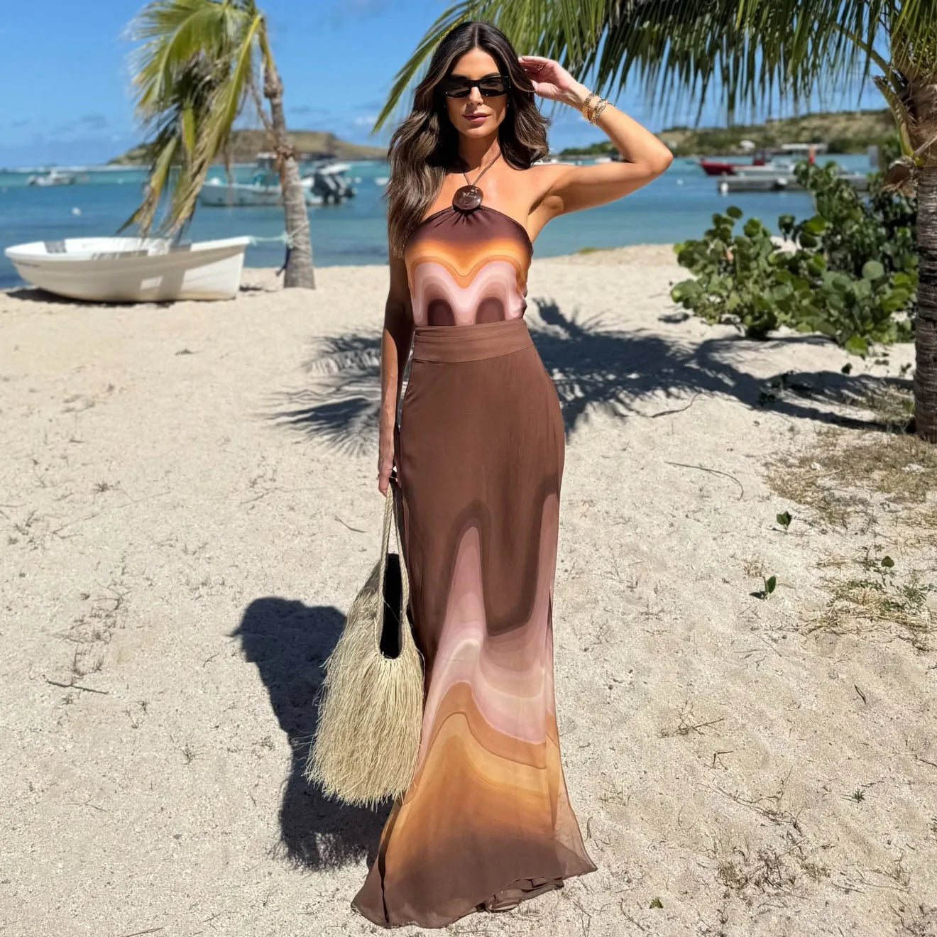 Halter Bikini Set With Long Skirt Cover Up