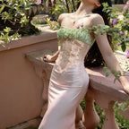 Color Block Off Shoulder Satin Maxi Dress With Lace Mesh Corset Bodice Elegant Evening Gown