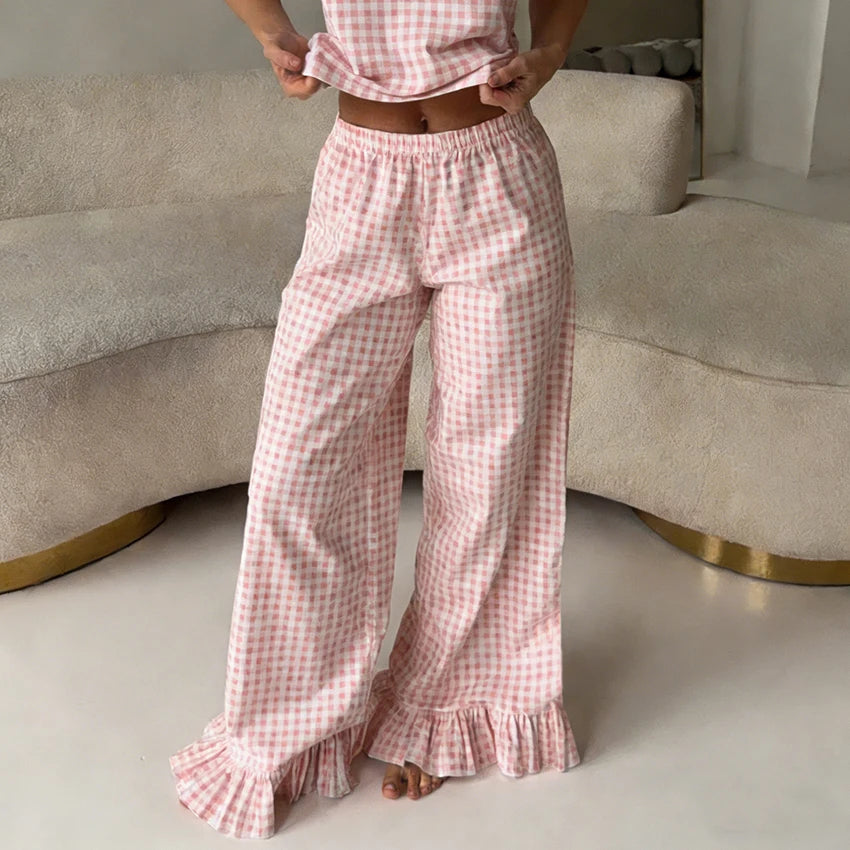 Pink Summer Set With Spaghetti Strap Cami Top And Ruffle Hem Wide Leg Pants