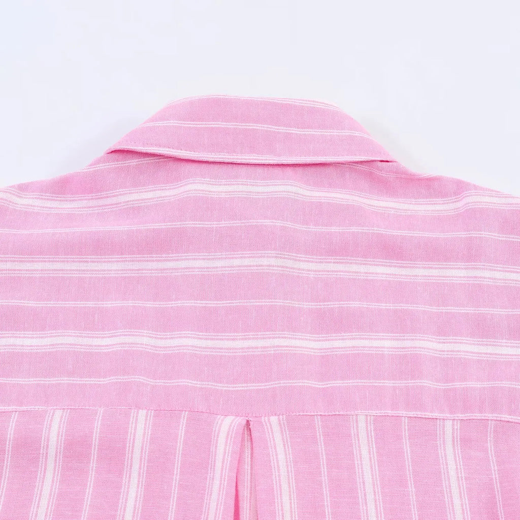 Pink Stripe Shirt Set With Pleated Long Skirt Elegant Two Piece Suit