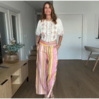 Vivid Multicolor Stripe Wide Leg Jeans With Pockets Low Waist Denim Trousers