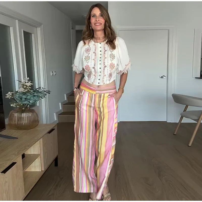 Vivid Multicolor Stripe Wide Leg Jeans With Pockets Low Waist Denim Trousers