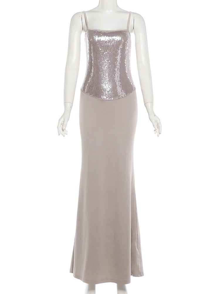 Patchwork Sequin Sling Dress Glamour Backless Bodycon Evening Gown