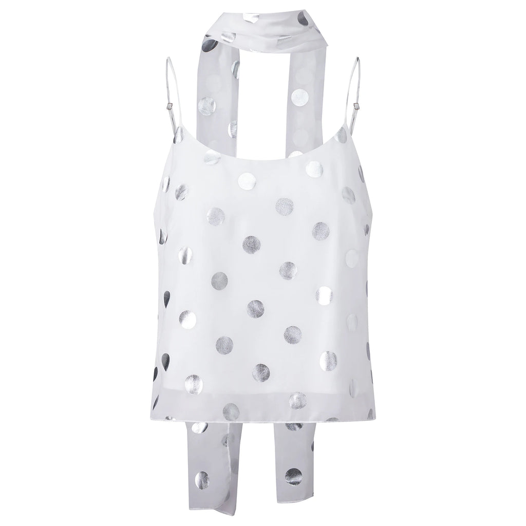 Shiny Sequins Polka Dot Camisole Backless Round Neck Top With Scarf