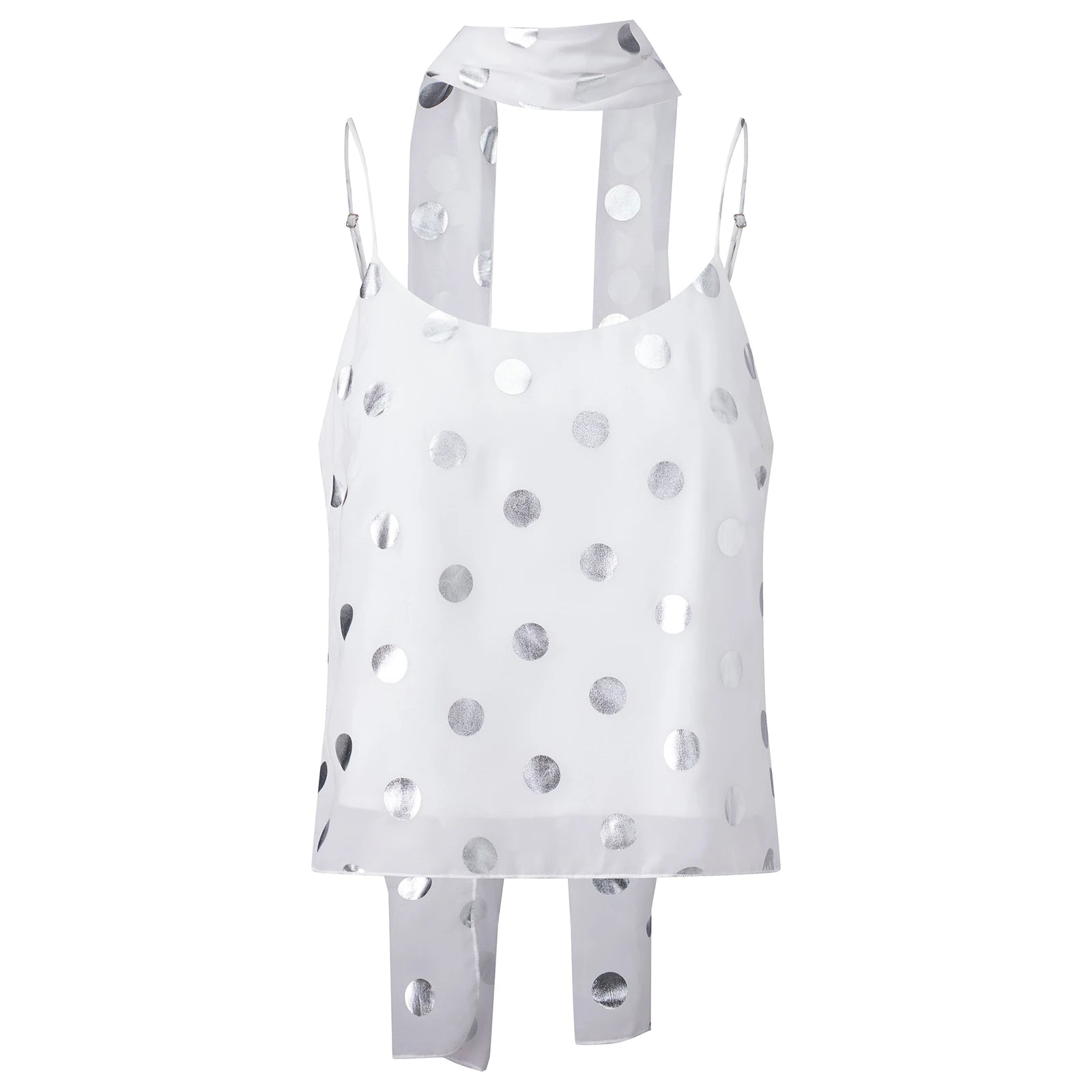 Shiny Sequins Polka Dot Camisole Backless Round Neck Top With Scarf