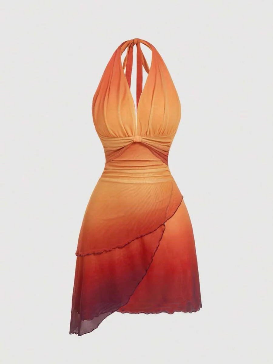 Gradient Bow Tie Backless Dress With Asymmetrical Spaghetti Detailing