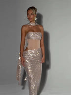 Sequins Off Shoulder Dress With Cinched Waist Sheer Ribbon Pleated Long Sleeves Glam
