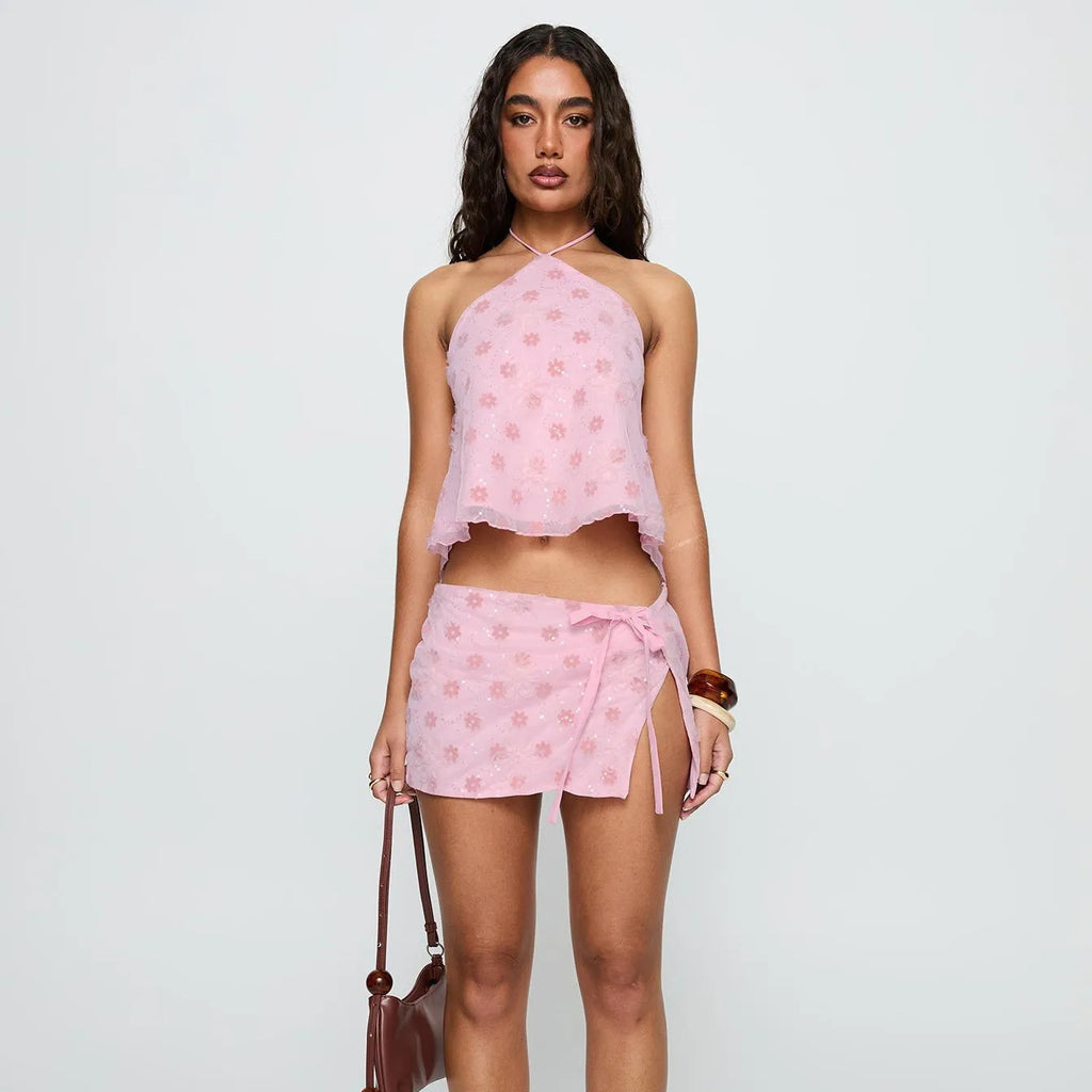 Sparkling Sequin Two Piece Set Sleeveless Top And Shimmer Mini Skirt