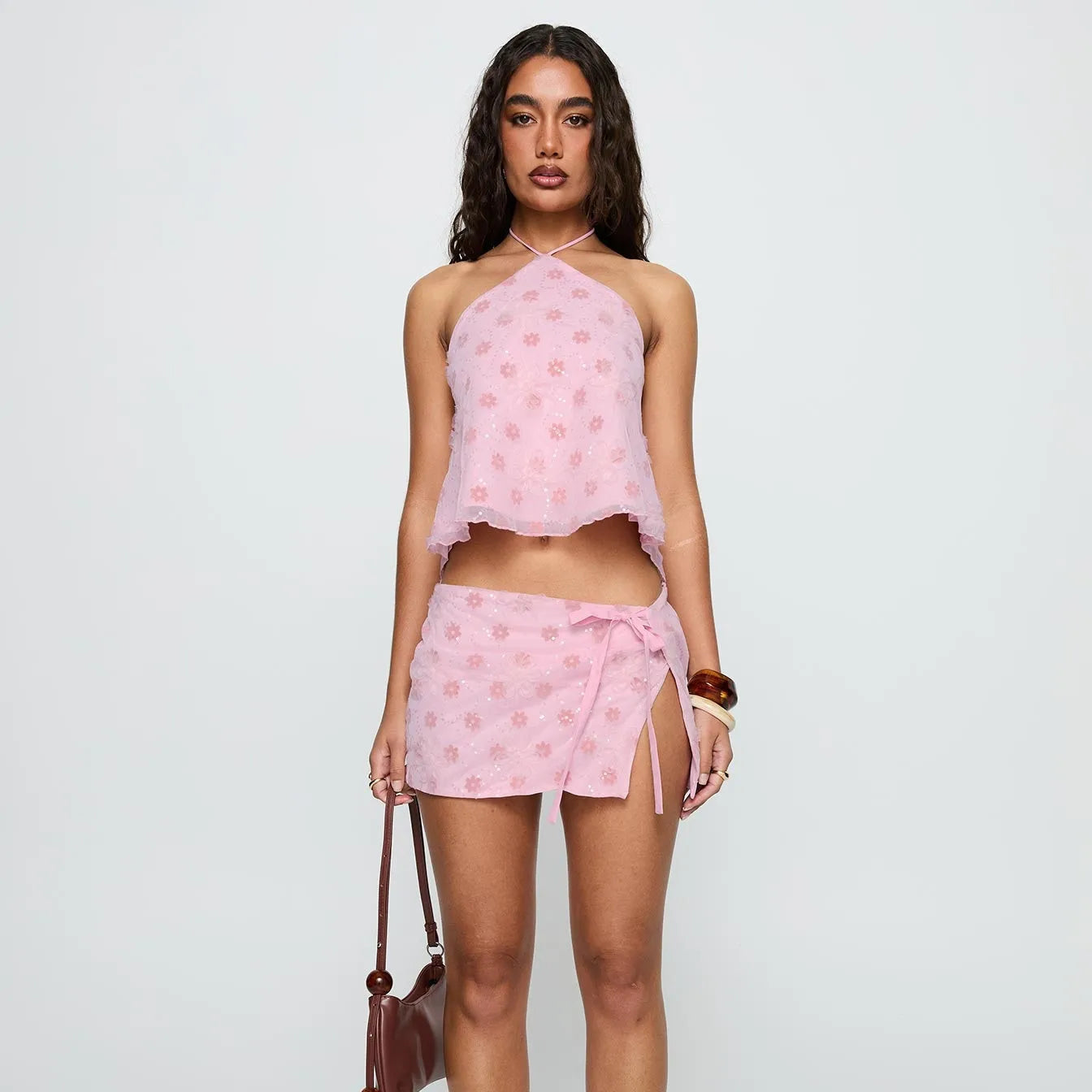 Sparkling Sequin Two Piece Set Sleeveless Top And Shimmer Mini Skirt