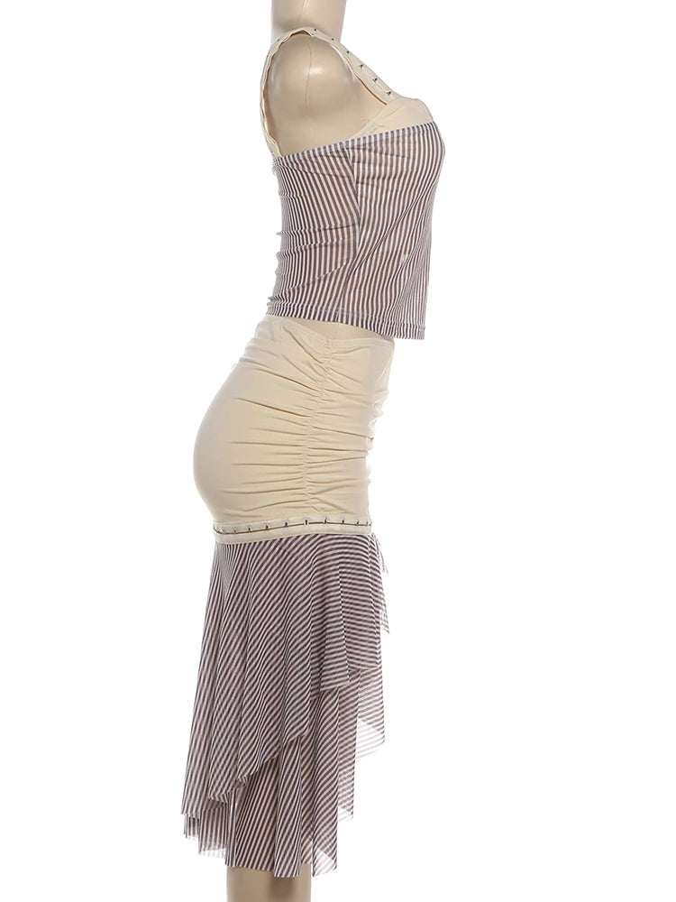 Striped Two Piece Set With Backless Tank Top And Tiered Mini Skirt