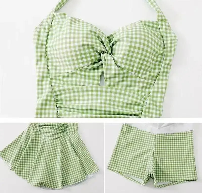 Plaid Backless Swim Dress With Halter Neck