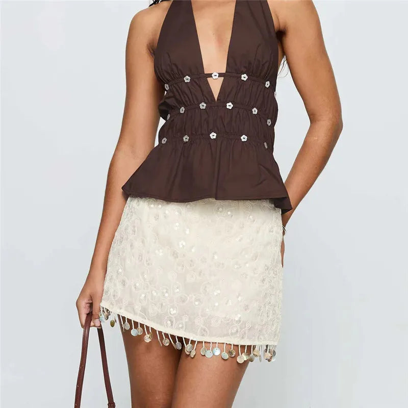 Shimmer Sequin Mini Skirt With Floral Embroidery A Line Silhouette Set