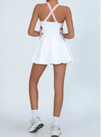 Tennis Dress Women with Separate Shorts White Contrast Hollowed Out Drawstring Side Sports Yoga Dress Training Running Fitness
