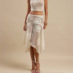 Women Paisley Lace Midi Skirt Sheer Mesh Asymmetrical Hem Flared Skirt High Waist See Through