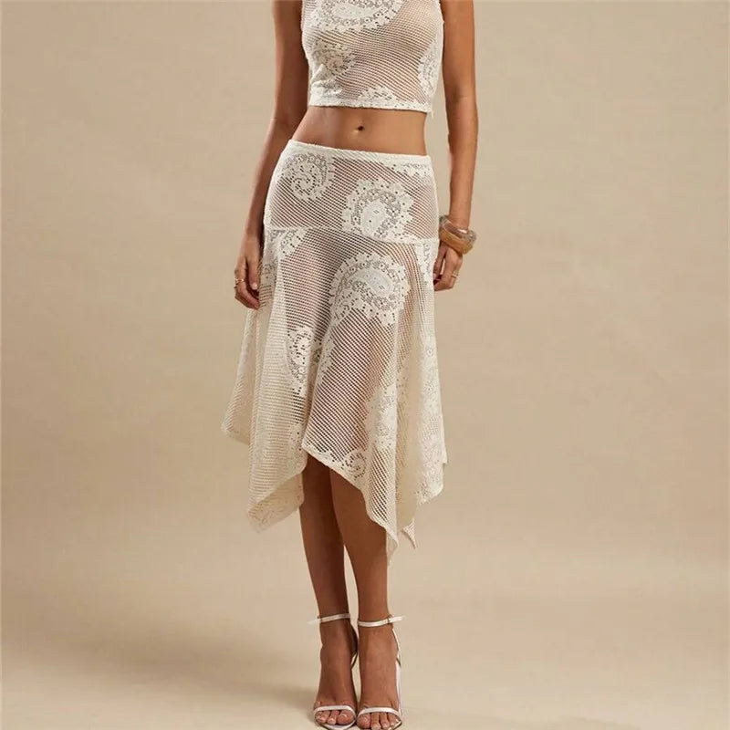 Women Paisley Lace Midi Skirt Sheer Mesh Asymmetrical Hem Flared Skirt High Waist See Through