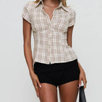 Vintage Plaid Button Down Shirt For Women Short Sleeve Blouse