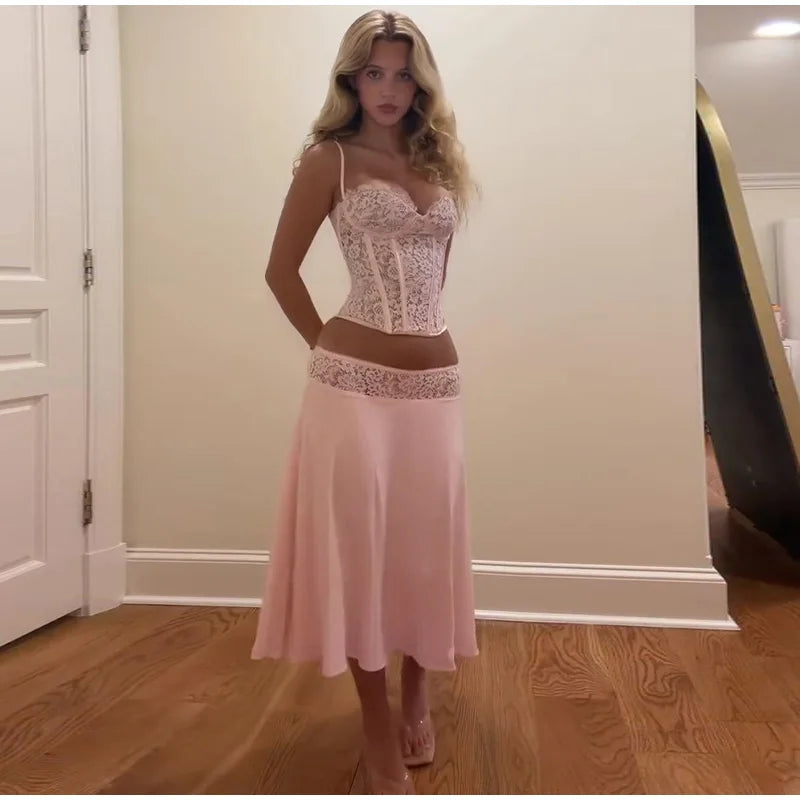 Delicate Lace Corset Cami And Midi Skirt Set Slim Fit Sleeveless Romantic Outfit