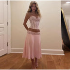 Delicate Lace Corset Cami And Midi Skirt Set Slim Fit Sleeveless Romantic Outfit
