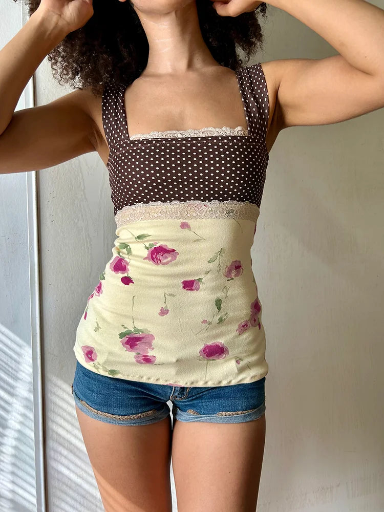 Patchwork Polka Dot Lace Camis Top With Square Collar Floral