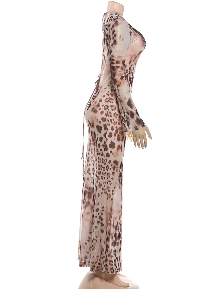 Leopard Print See Through Maxi Dress With O Neck Long Sleeves Backless Cross Bandage Detail