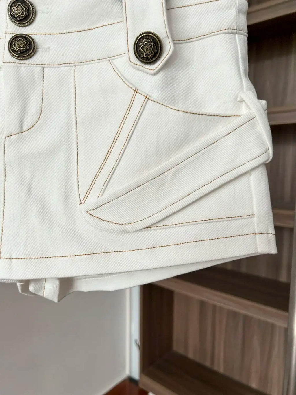 White Denim A Line Mini Skirt With Hip Wrap Cargo Pockets