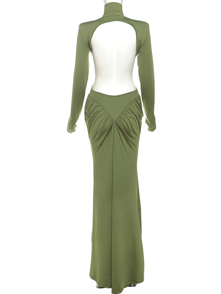 Peach Backless Maxi Dress With Waistless Silhouette And Ruched Elegance