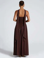 Elegant Off-Shoulder Evening Gown With Patchwork Pleats And Scarf Neck High Split Long Dress