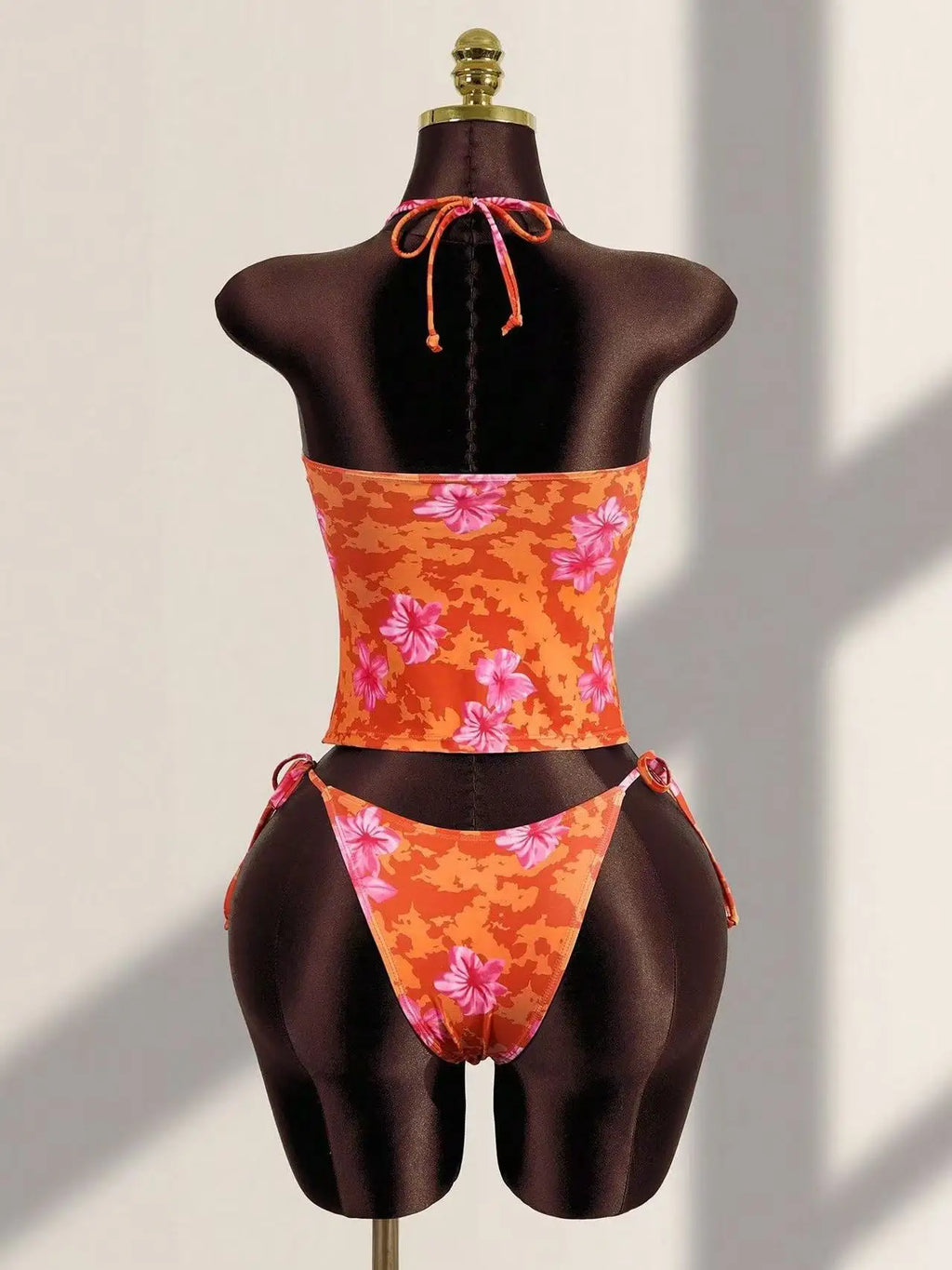 Orange Embellished Tropical Flower Print Two Piece Bikini Set With Lace Trim Halter Neck Tie Side