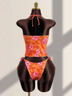 Orange Embellished Tropical Flower Print Two Piece Bikini Set With Lace Trim Halter Neck Tie Side