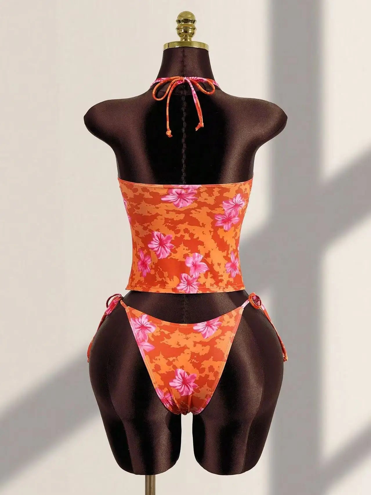 Orange Embellished Tropical Flower Print Two Piece Bikini Set With Lace Trim Halter Neck Tie Side