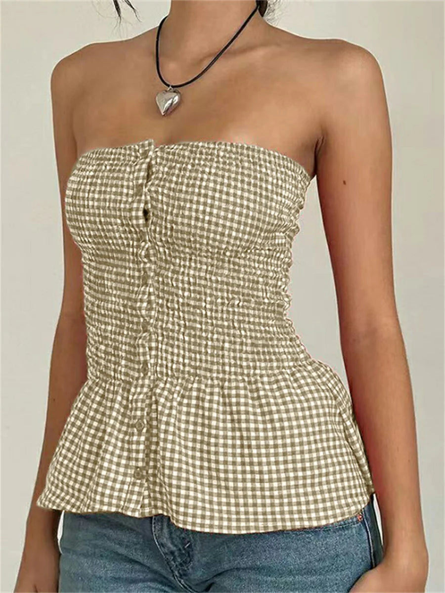Retro Gingham Crop Top In Plaid Strapless Sleeveless Cami With Ruffle Hem