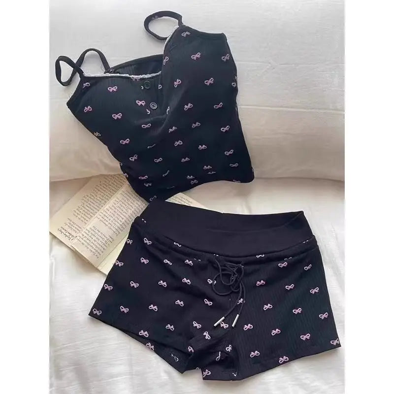 Bow Pajamas Set For Women Two Piece Summer Sleepwear With Tank Top And Shorts Lounge Ensemble