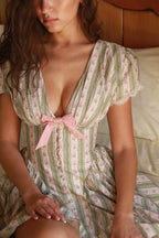 Green French Style Floral Sexy Mini Bohemian Women V-neck Striped Ruffles Dress