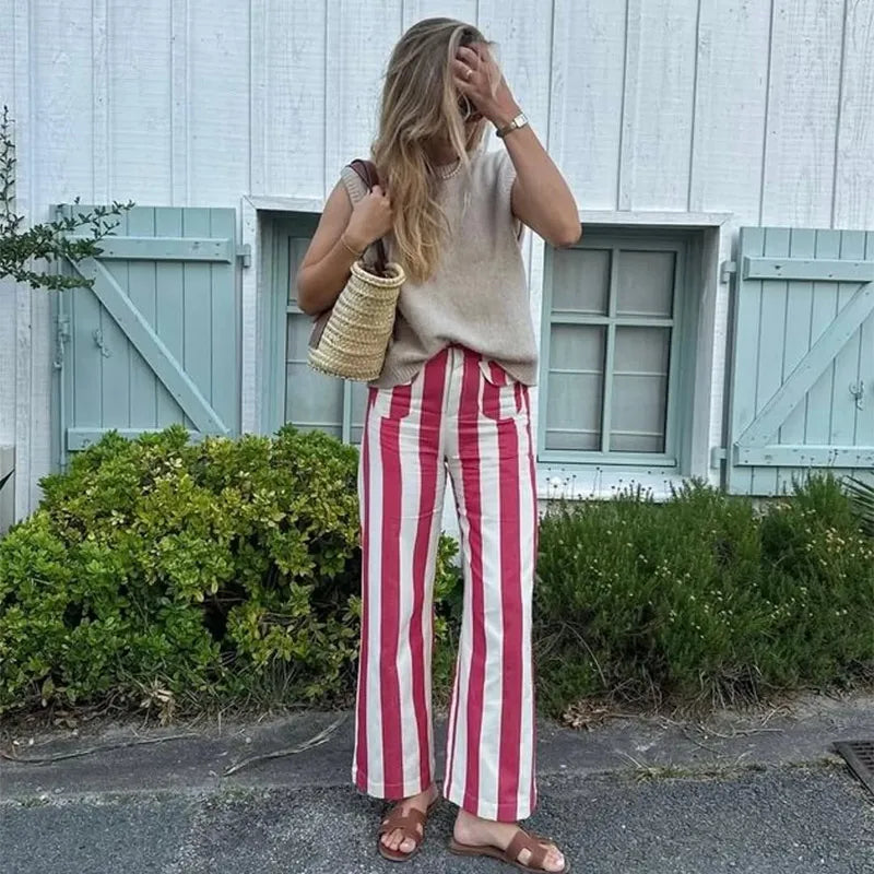 Vivid Multicolor Stripe Wide Leg Jeans With Pockets Low Waist Denim Trousers