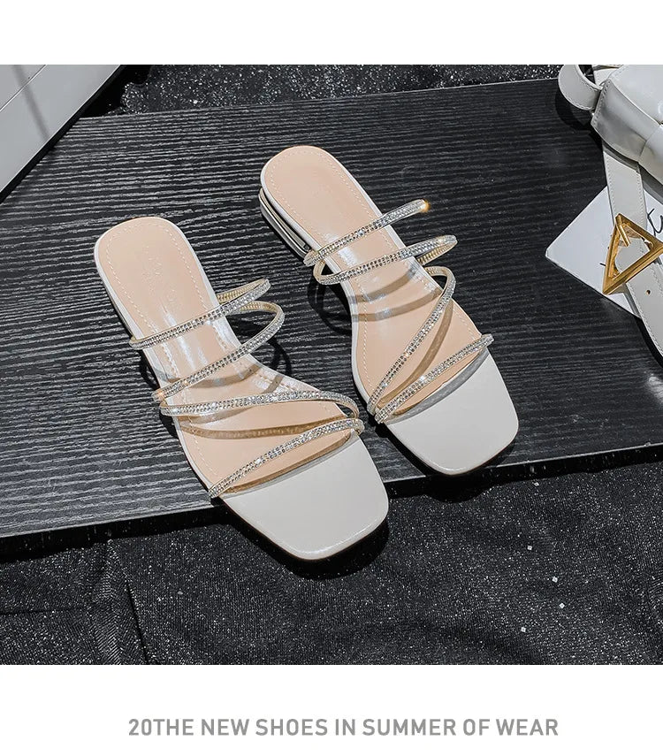 Crystal Rhinestone Clear Strap Sandals With Low Heel