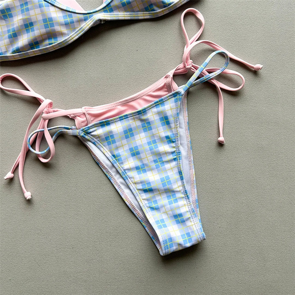 Halter Bikini Set in Plaid and Polka Dots