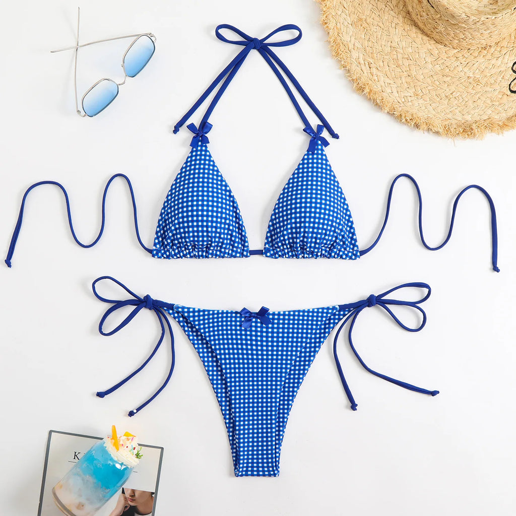 Plaid Dot Swimsuit With Neck Bow Tie Vintage Beachwear