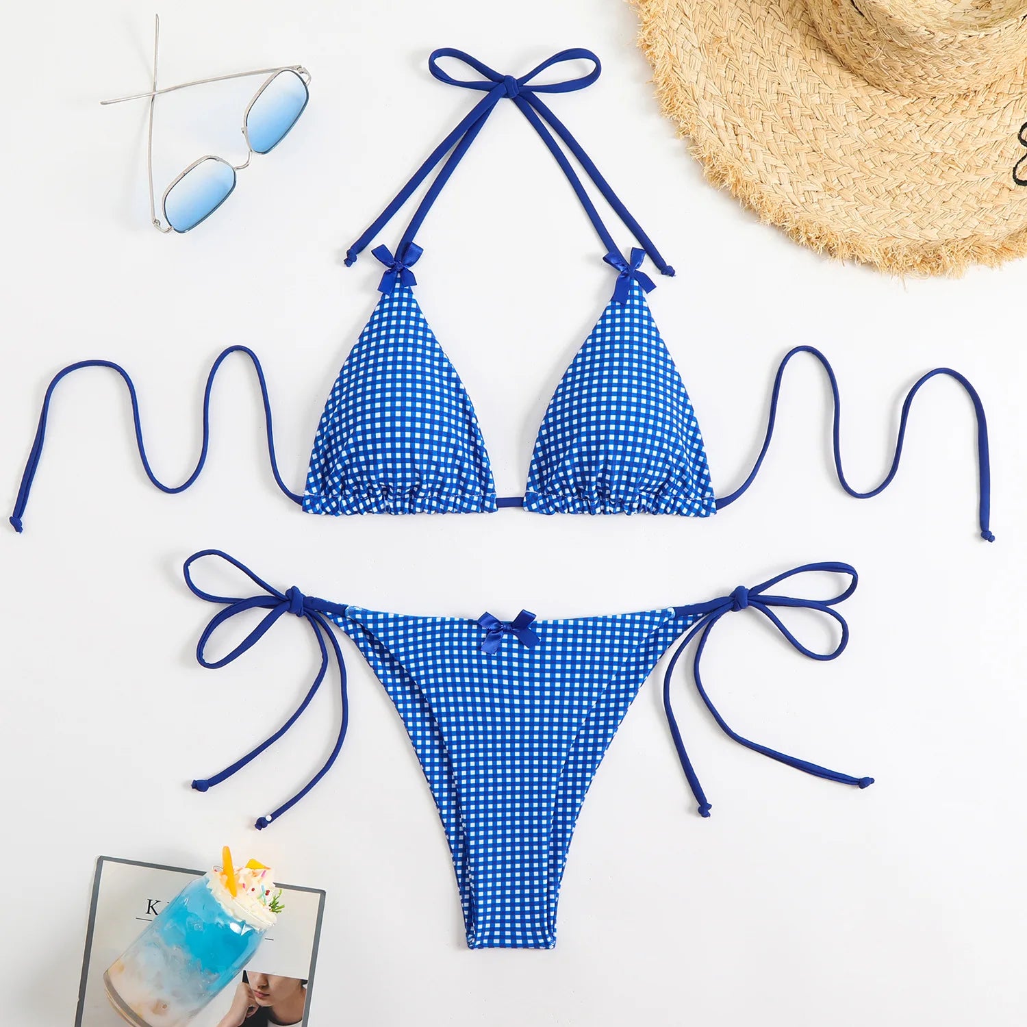 Plaid Dot Swimsuit With Neck Bow Tie Vintage Beachwear